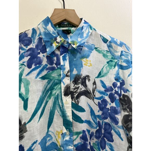 Linen Button Up Floral Blouse M Boho Coastal Resort Maximalist Preppy Office Art - Picture 5 of 12